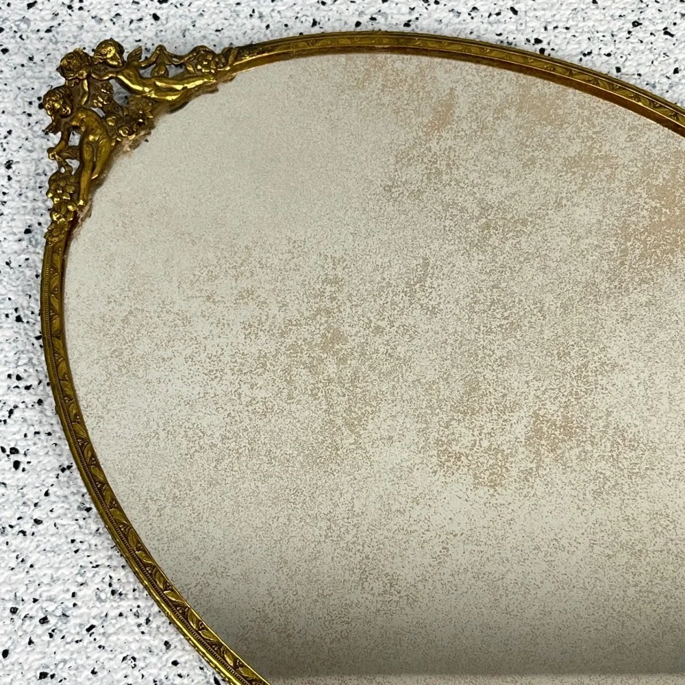 Hollywood Regency Vanity Mirror Tray Vintage Gold Tone Metal Ornate Cherub Oval